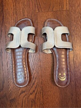 Metallic Gold Slide Sandals with Brown Croc Footbed